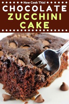 a chocolate zucchini cake on a white plate with a fork in it and the words, now cook this chocolate zucchini cake