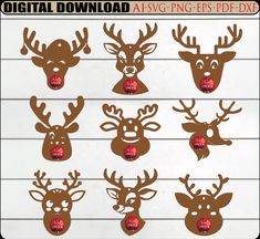 christmas reindeer head cutouts with red dots on the nose and antlers in different sizes