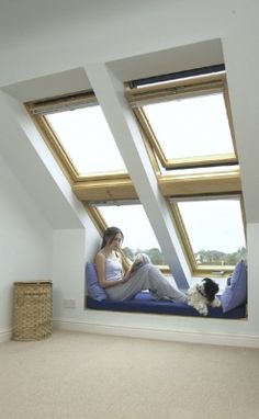 a woman sitting on a window sill reading a book with her dog in the foreground