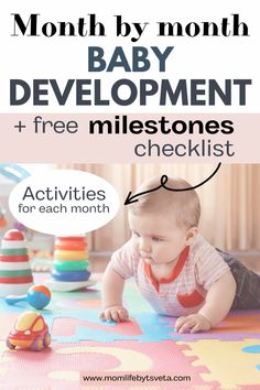 a baby crawling on the floor with text overlay that reads month by month baby development and free milestones checklist