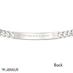 This classic engravable ID bracelet is the perfect gift for yourself or your loved one. Engrave the front with a name or a special date and add a meaningful message to the back. Handcrafted in sterling silver, this 8" men's bracelet features a figaro-link chain secured with a lobster clasp for just the right fit. Classic Personalized Bracelets For Promise, Classic Personalized Rectangular Bracelets, Classic Personalized Rectangular Bracelet, Formal Engraved Stainless Steel Bracelets, Formal Engraved Stainless Steel Bracelet, Classic Engraved Stainless Steel Bracelet, Formal Stainless Steel Engraved Bracelets, Classic Stainless Steel Engraved Bracelet, Classic Personalized Rectangular Name Bracelet