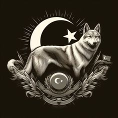 a wolf standing in front of a crescent and star