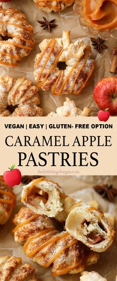 Pinterest pin of apple pastries Vegan Caramel Apple Pastries, Caramel Apple Pastries, Fall Pastry Ideas, Vegan Breakfast Pastries, Autumn Pastries, Caramel Apple Crumble Bars, Fall Pastries, Apple Pastries, Vegan Caramel Apple