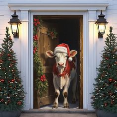 a painting of a cow wearing a santa hat standing in front of a door decorated with christmas trees