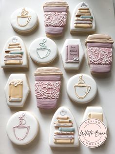 some cookies are decorated with different types of things on them, including books and coffee mugs