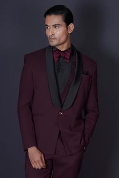 Maroon tuxedo blazer featuring kardana beads hand embroidered work behind a contrasting black lapel. Comes with a vest, black shirt, pant and a bow-tie. - Aza Fashions Festive Blazer With Suit Collar For Party, Festive Party Blazer With Suit Collar, Festive Party Suits With Suit Collar, Fitted Blazer With Suit Collar For Festive Season, Festive Evening Blazer With Notch Lapel, Festive Fitted Blazer With Suit Collar, Semi-formal Party Wear Blazer With Long Sleeves, Festive Formal Elegant Outerwear, Festive Fitted Formal Blazer