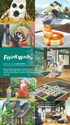 an advertisement for flying witch with images of people and animals