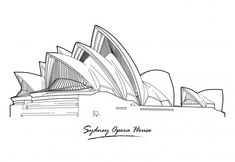 the sydney opera house in black and white, drawn by hand with ink on paper