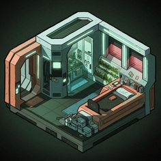 Sci Fi Room, Scifi Interior, 3d Karakter, Spaceship Interior, Micro Apartment, Sci Fi Environment, Isometric Art, Isometric Design