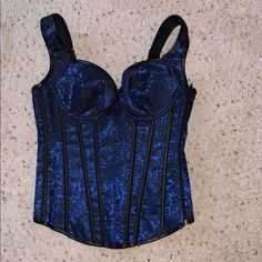 Neat Blue And Black Pattern Corset With Straps. Never Worn. Wears A S/M Fitted Blue Corset For Night Out, Dark Blue Corset, Blue Evening Corset, Luxury Blue Fitted Corset, Luxury Blue Corset With Corset Back, Black And Purple Corset, Blue Corset With Built-in Bra, Blue Lacy, Fashion Corset