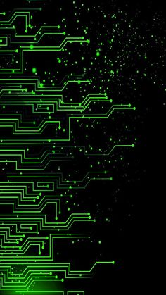 a computer circuit board with glowing green dots