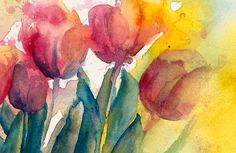 watercolor painting of red tulips on yellow background