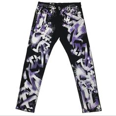 Men’s “Graffiti Paint” Jeans. These Are Stretch Denim Skinny Jeans. Black Jeans With Purple And White Paint. Sizes 32, 34, 36, And 38. New With Tags. Great Quality. White Graffiti Print Bottoms For Streetwear, White Graphic Print Jeans For Streetwear, Casual White Bottoms With Graffiti Print, Urban Cotton Bottoms With Graffiti Print, Casual Jeans With Graffiti Print For Streetwear, Casual Graffiti Print Jeans For Streetwear, Casual Cotton Jeans With Graffiti Print, Purple Denim Bottoms For Streetwear, Purple Denim Jeans For Streetwear