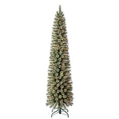 a tall artificial christmas tree with lights on it's branches and pineconis