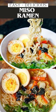 two bowls filled with ramen, noodles and hard boiled eggs on top of each other