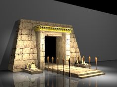 an artistic rendering of a stone structure with candles and statues in front of the entrance