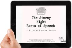 a person holding an ipad with the text, the stormy night parts of speech on it