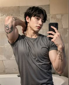 Cute Korean Guys With Tattoos, Asian Guy Tattoo, Tattoo Guy Aesthetic, East Asian Men, Boys Aesthetic Outfits, Korean Men Hairstyle, Boy Tattoos, Ulzzang Boy