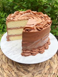 a chocolate cake with one slice cut out on a plate