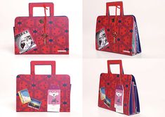 four different images of red suitcases with pictures on them and tags attached to the handles