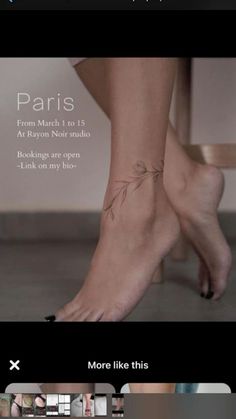 the legs and ankles of a woman with tattoos on her feet are shown in this advert