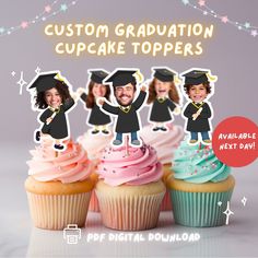 three cupcakes with graduation caps and tassels on them are in front of a banner that reads, custom graduation cupcake toppers available next day