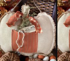 two pictures of an orange and white pumpkin on display in front of a basket filled with eggs