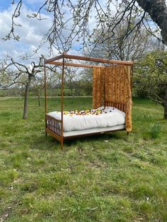 a bed sitting in the middle of a field under a tree with no leaves on it