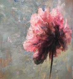 a painting of a pink flower on a gray background