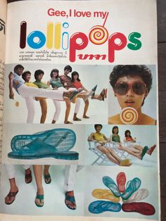 an open book with pictures of people in different outfits and shoes on the pages, including children's flip flops