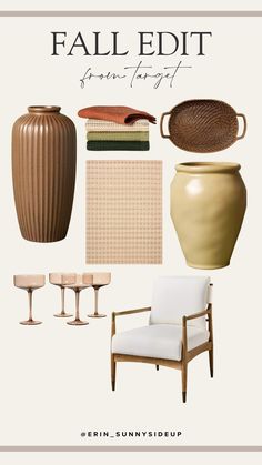 the fall edit from sunnyside up is shown with furniture and accessories in neutral colors