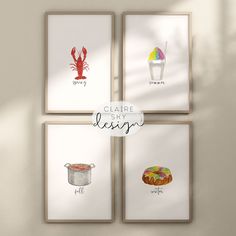 four framed art pieces with different types of food on them and the words culture style designs above them