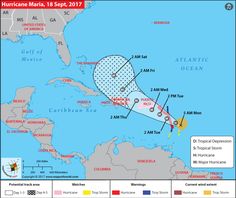 Hurricane Maria Path Map - This track map shows the path of Maria which is most likely to traverse through the Caribbean Islands  Storm pummels US territory of St Croix, heading for direct hit on Puerto Rico, and leaving the island of Dominica devastated  Refer the link for more updates:  #Dominica #US #HurricaneMaria #CaribbeanIslands #TrackMap #PuertoRicol The Caribbean Islands, St. Croix, St Croix, Mexico Wedding, Caribbean Sea, Caribbean Islands, The Caribbean