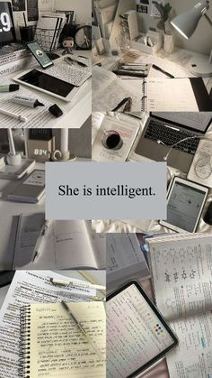 there are many different types of papers on the table together with text overlay that says she is intelligent