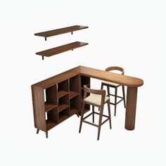 a table with two stools and some shelves