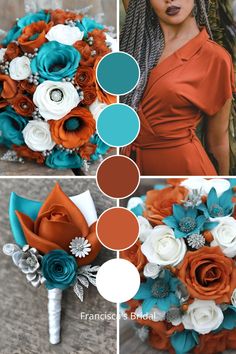 an orange and teal wedding bouquet with white roses, blue flowers, and greenery