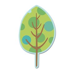 a green leaf shaped sticker with blue dots on it's top and bottom