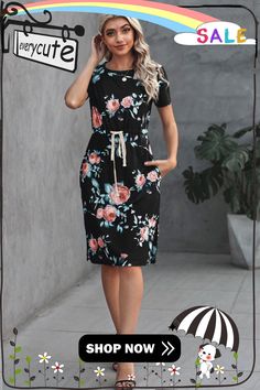 Black Short Sleeve Pocketed Drawstring Casual Floral Dress Black Casual Dress With Drawstring, Casual Black Dress With Drawstring, Casual Floral Dress, Floral Dress Casual, Dresses Floral, Floral Dresses, Women Dresses, Black Shorts, Floral Dress