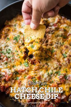 a hand holding a tortilla chip over a skillet filled with cheese dip