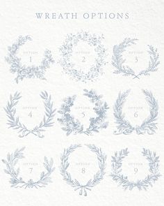 a bunch of wreaths that are on top of a white paper with blue ink