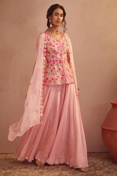 Shop for Aneesh Agarwaal Pink Organza Embroidered Cape Sharara Set for Women Online at Aza Fashions Cape Sharara, Peplum Sharara, Flared Sharara, Embroidered Cape, Sharara Pants, Indian Designs, Floral Mirror, Pink Thread, Peplum Styles