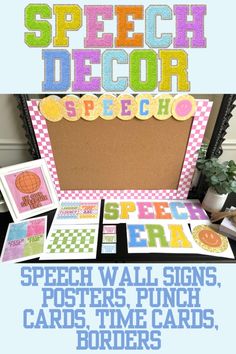 an image of a desk with some cards and papers on it that says speech decor