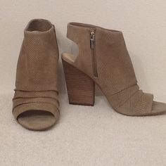 Very Sophisticated Styling! Ruched Cuff, Pinpoint Perforations And Stacked Block Heels. Suede Outside With Smooth Leather Lining, Comes With Box Peep Toe Sandals, Vince Camuto Shoes, Toe Sandals, Vince Camuto, Smooth Leather, Women's Shoes Sandals, Block Heels, Shoes Sandals, Size 10