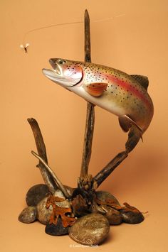 a sculpture of a rainbow fish on top of rocks and twigs with a fly in the background