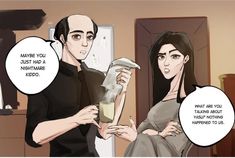 a man holding a blender next to a woman in a kitchen with speech bubbles