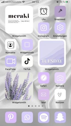 an iphone with icons on it and the text meraki written in white letters