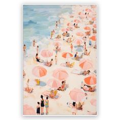 a painting of people at the beach with umbrellas in the sand and on the water