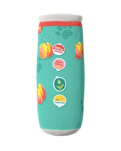 a can cooler with many different stickers on the front and side of it's sleeve