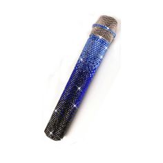 a blue and silver microphone on a white background