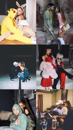 several pictures of people dressed up as pokemon and pikachu, one is kissing the other